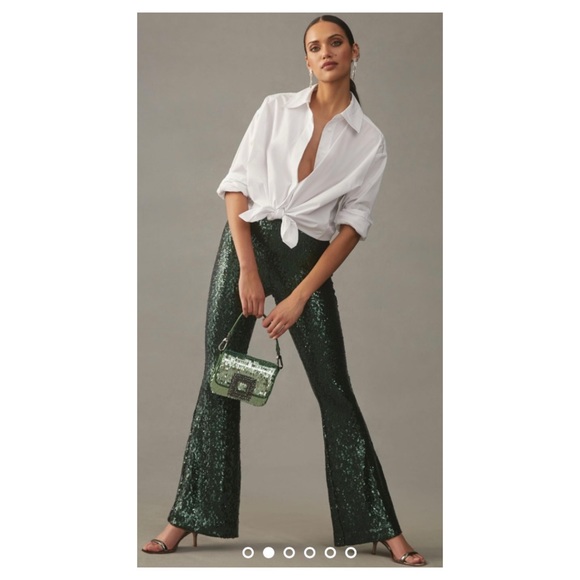 NWOT Anthropologie Joni Sequin Flare Pants in Dark Green  Size 10 - Picture 1 of 14